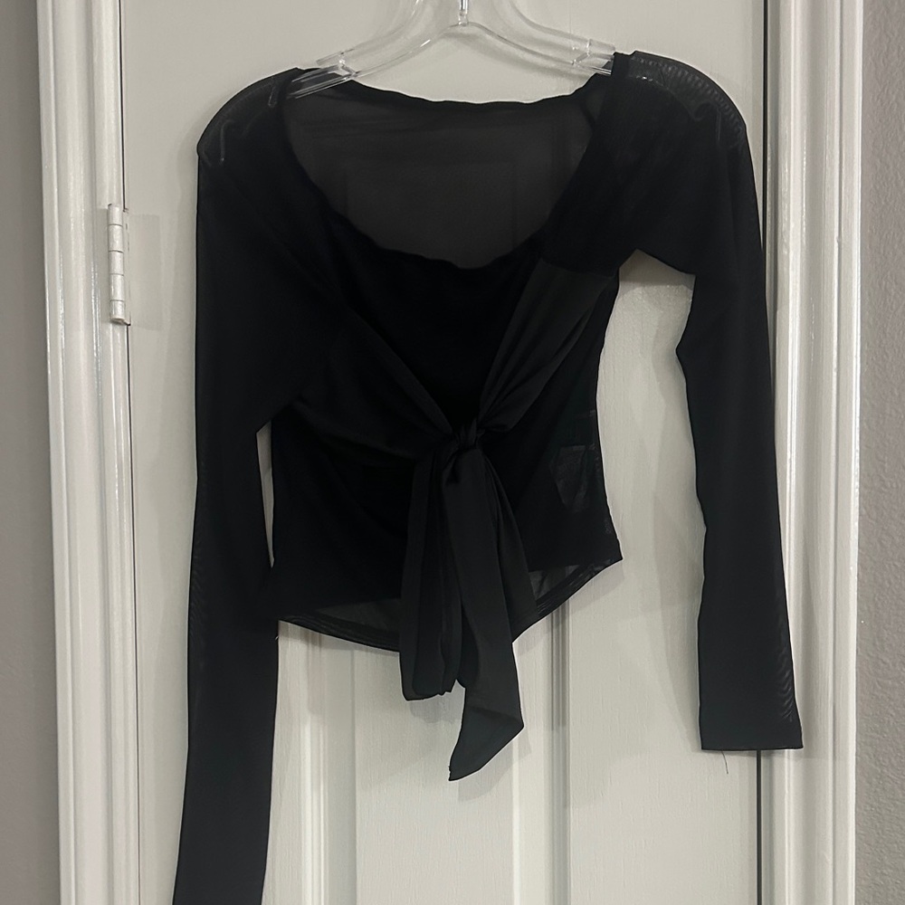 HAUTE SHORE Black Sheer Tie-Front Long Sleeve Blouse